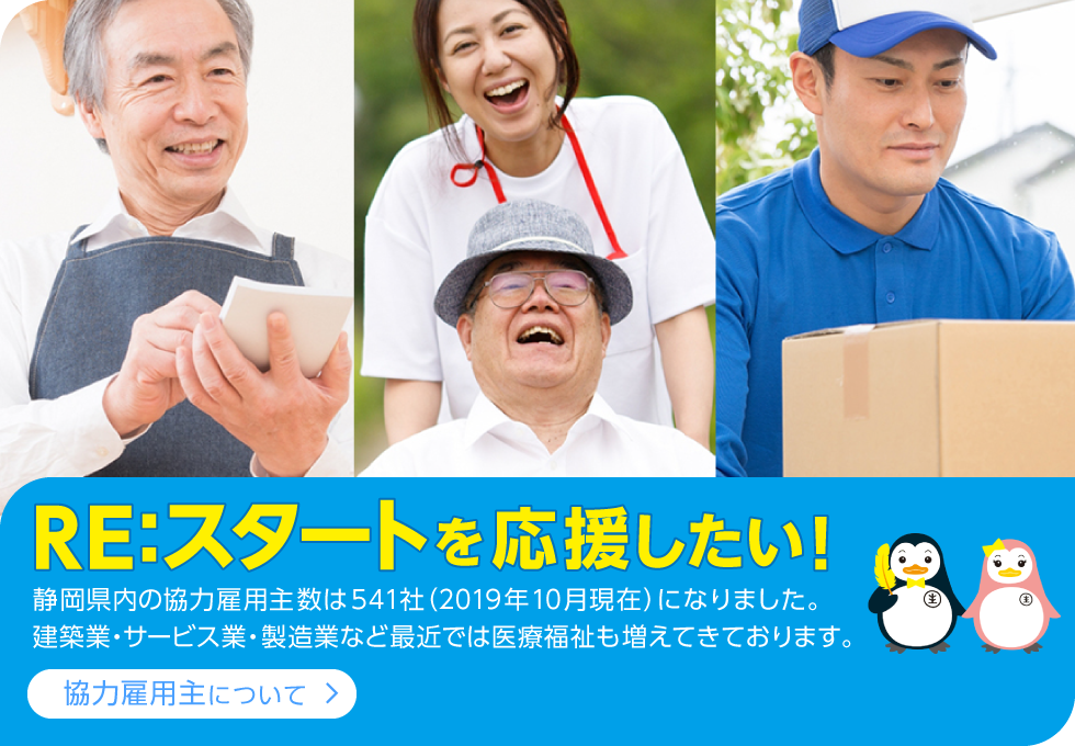 「協力雇用主について」静岡県内の協力雇用主数は541社（2019年10月現在）になりました。建築業・サービス業・製造業など最近では医療福祉も増えてきております。